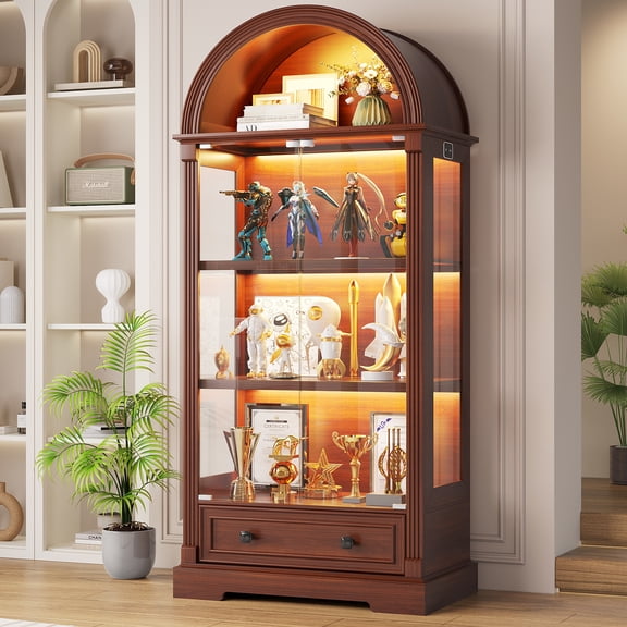 VKCC Arched Curio Cabinet with Glass Door, LED Display Cabinet with Drawer for Living Room Bedroom, Brown