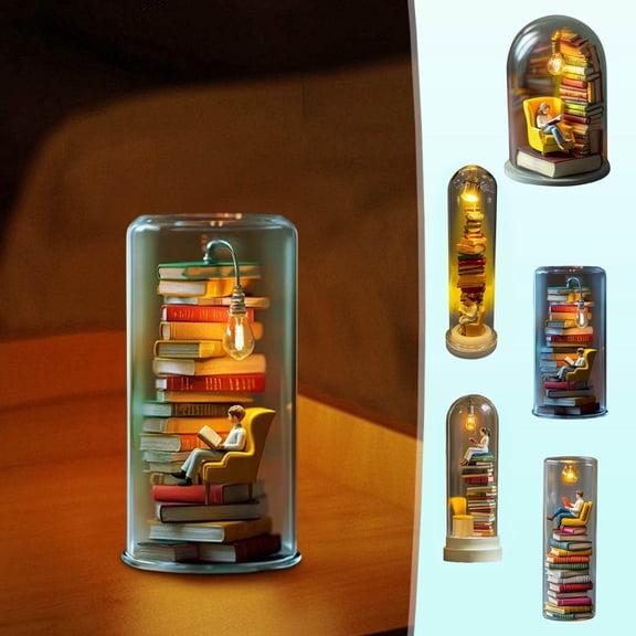Lwlmwt Reader Night Light,Miniature Book Fan Sculpture with Mini Books and LED Light Ornaments,for Desktop Decoration,Vintage Stacked Books Lights