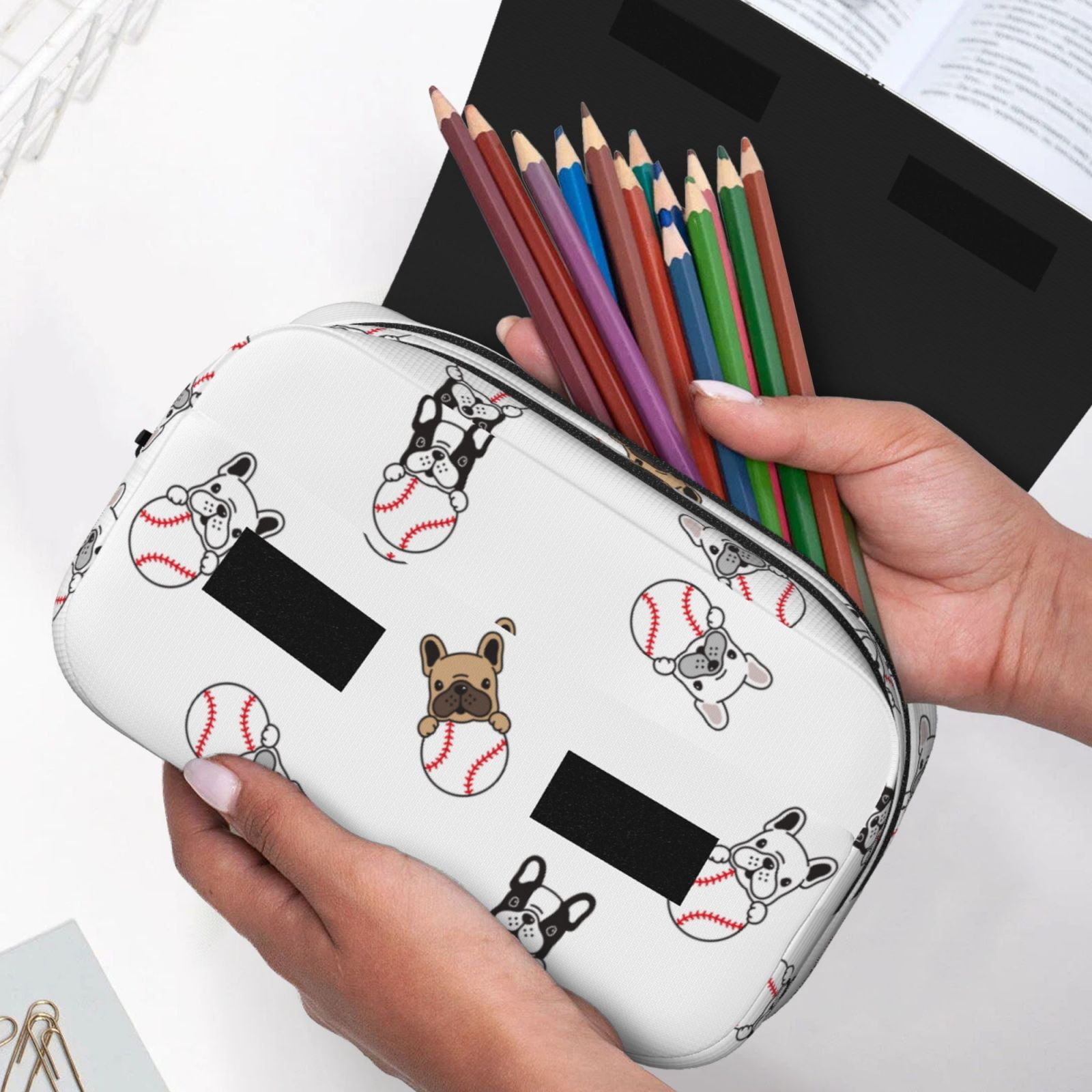 Rateoe Bbaseball Dog Pattern Double Clamshell Pen Case, Storage Organizer with Two Zipper Compartments– Holds Up to 50 Pencils & Pens