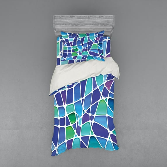 Ambesonne Abstract Bedding Set 3 Pcs, Mosaic Trippy Vivid, Twin, Jade Green Royal Blue