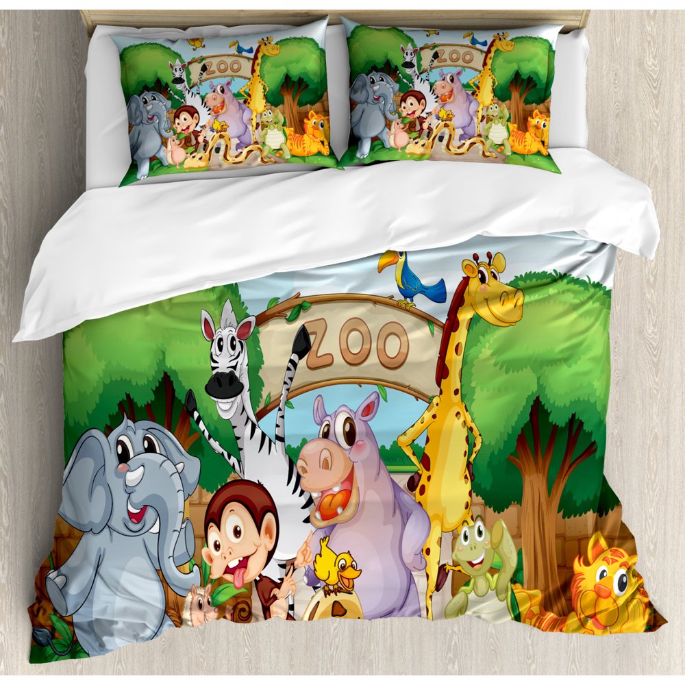 Zoo Duvet Cover Set, Zoo and The Animals in Beautiful Nature Playful Outdoors Forest