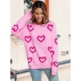 thumbnail image 4 of Womens Fall Sweaters Heart Print Long Sleeve Crew Neck Striped Pullover Loose Knitted Jumper 2025 Pink XL, 4 of 9