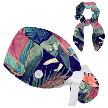

Working Cap with Buttons and Sweatband Scrub Hat Bouffant Caps with Scrunchie Elephant Tie Back Hats