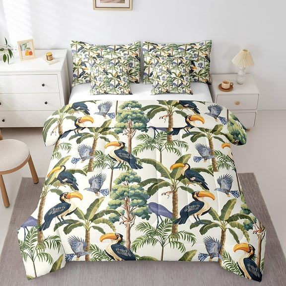 Erosebridal Wildlife Parrot Bedding Sets Twin Size,Woodland Safari Comforter Sets with Sheets,Botanical Plants Bed in a Bag Twin size,Microfiber Animal Bedroom Decorative,7pcs