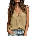 thumbnail image 3 of Vivianyo HD Women's V-Neck Pleated Sleeveless Tank Top, Casual Solid Vest for Women Summer Vacaton Wear, Women's Khaki, Sizes S-2XL, 3 of 8