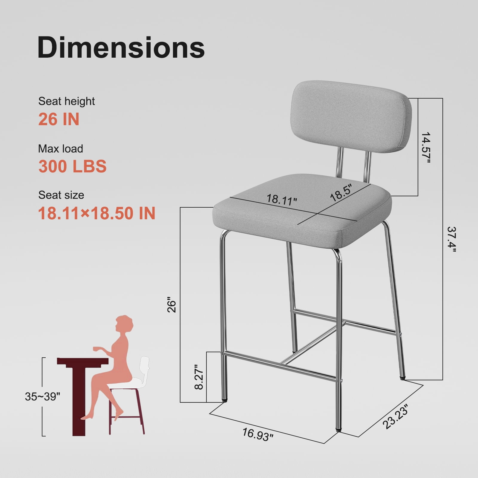 Genpo Counter Height Bar Stools Set of 3, 26" Gray Fabric Kitchen Counter Stools with Backs, Metal Legs, Footrest and Wide Seat, Bar Chairs for Kitchen Island