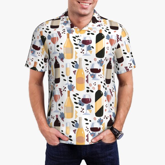 Balery Wine Bottles Glasses Camisa Polo de Hombre con Estampado, de Manga Corta y Tejido Medio, Camisa Tipo Golf Polo-XX-Large