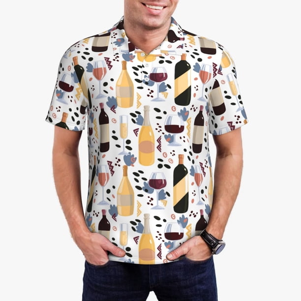 Fotbe Wine Bottles Glasses Camiseta Polo de Golf para Hombre con Estampado – Camisa Deportiva Transpirable con Cuello Abotonado-X-Large