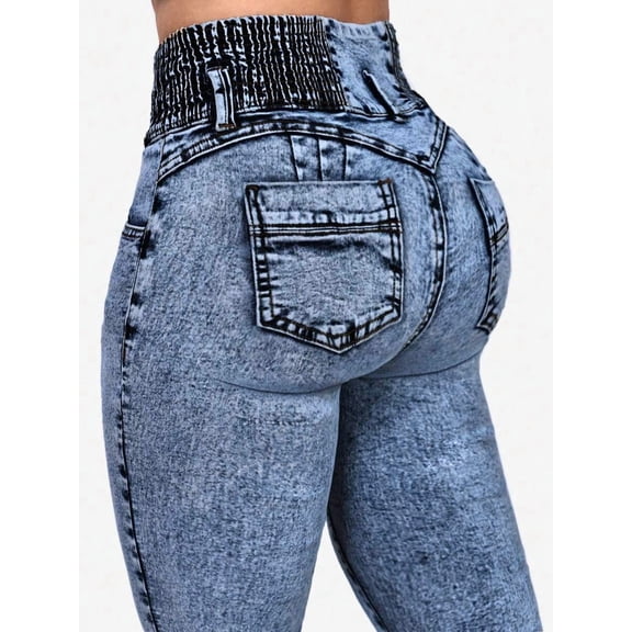 Women's Washed Slim Fit Skinny Jeans, Smocked Elastic Waist Pants for Daily Casual Wear