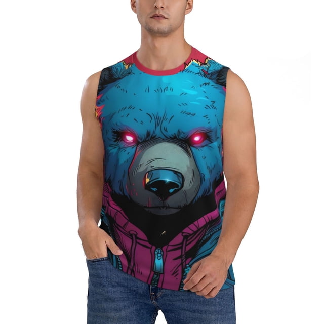 Fotbe Neon Cyberpunk Blue Bear Men's Camiseta sin Mangas Estampada para Hombres, Playera Casual para Gimnasio, Entrenamiento, Playa-XX-Large