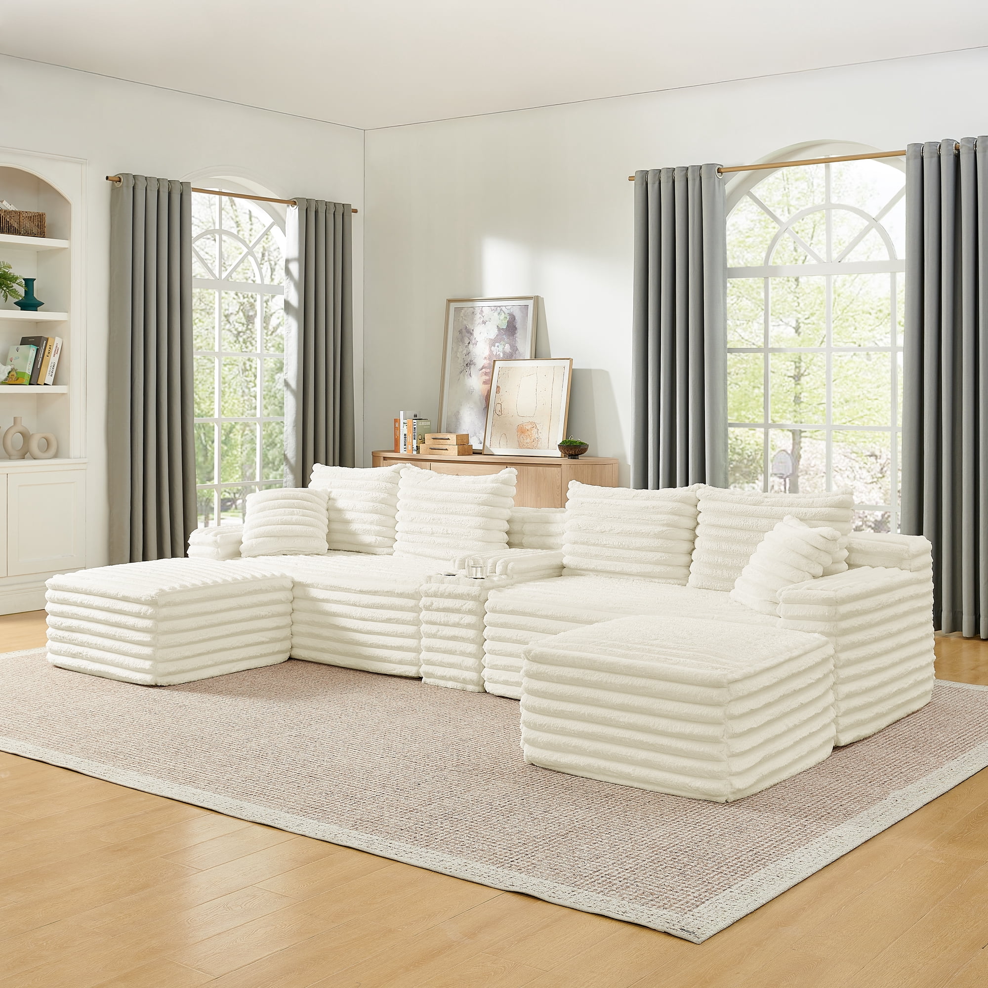 BSHTI 127" Corduroy U Shape Sectional Sofa with Console, Cup Holders, USB Port, 2 Ottomans for Living Room（Beige）