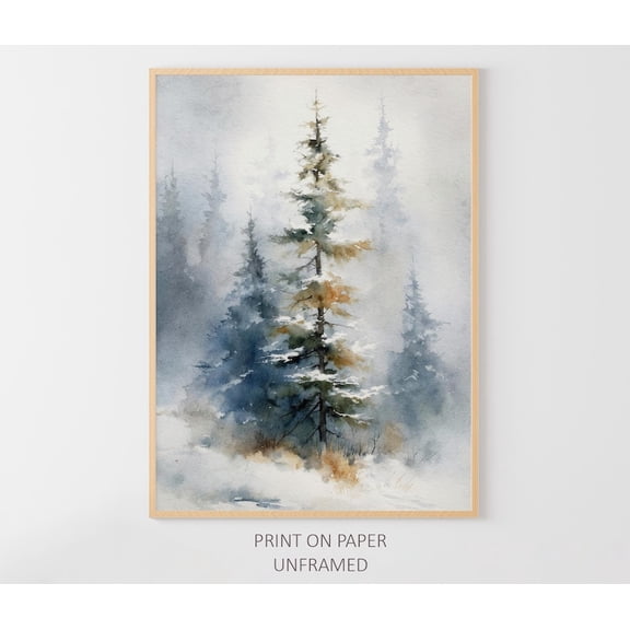 Pine Tree Art Poster Forest Snowy Landscape, Unframed Poster Size 8x12