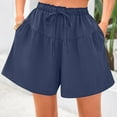 thumbnail image 4 of Ovticza Womens Linen Shorts 2025 Summer Drawstring Ruffle Elastic High Waist Solid Color Casual Beach Shorts with Pockets Dark Blue S, 4 of 7