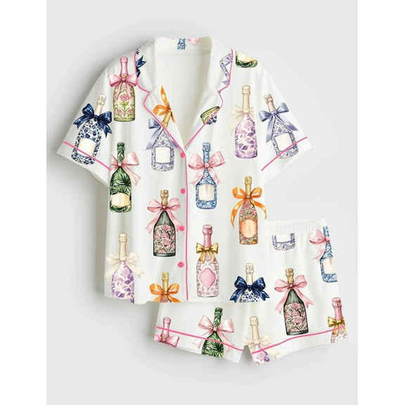 Champagne Bottle Print Pajama Set | Short & Long Pants Festive Sleepwear for Women