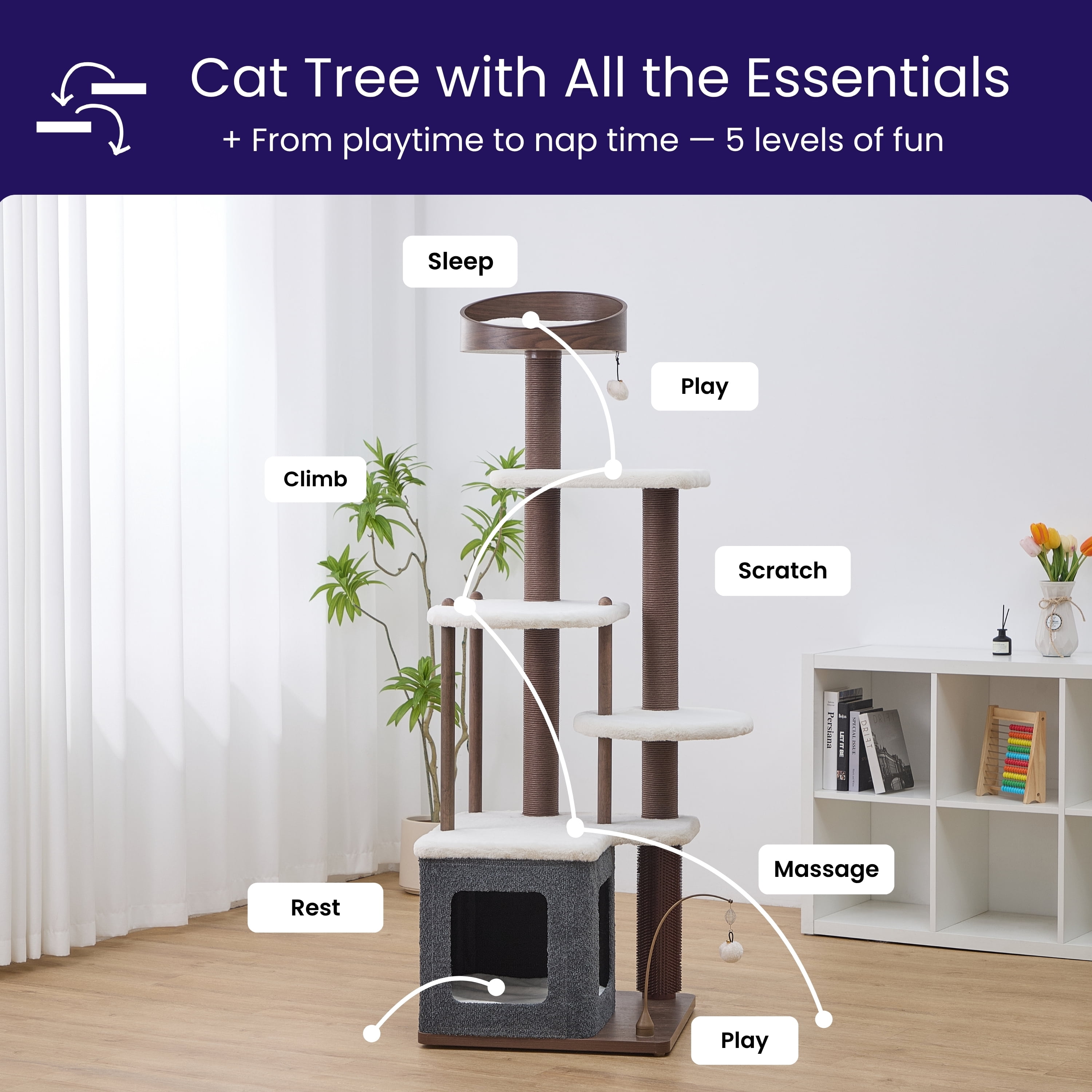 Catry® Trinity 5-Level Cat Tree with Washable Beds, Recycled Paper Scratchers, Toys, Massager & Laminated Wood, Gray