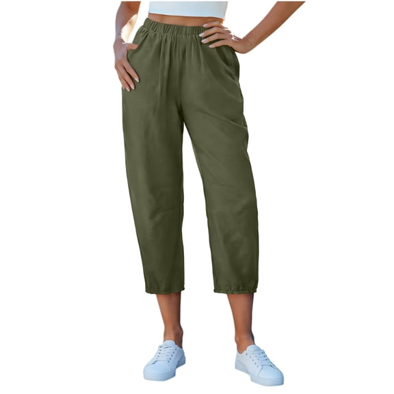 ClodeEU Women's Elastic Waist Linen Blend Capri Pants,Loose Fit Cropped Trousers with Pockets for Summer Army Green,Women's Plus L
