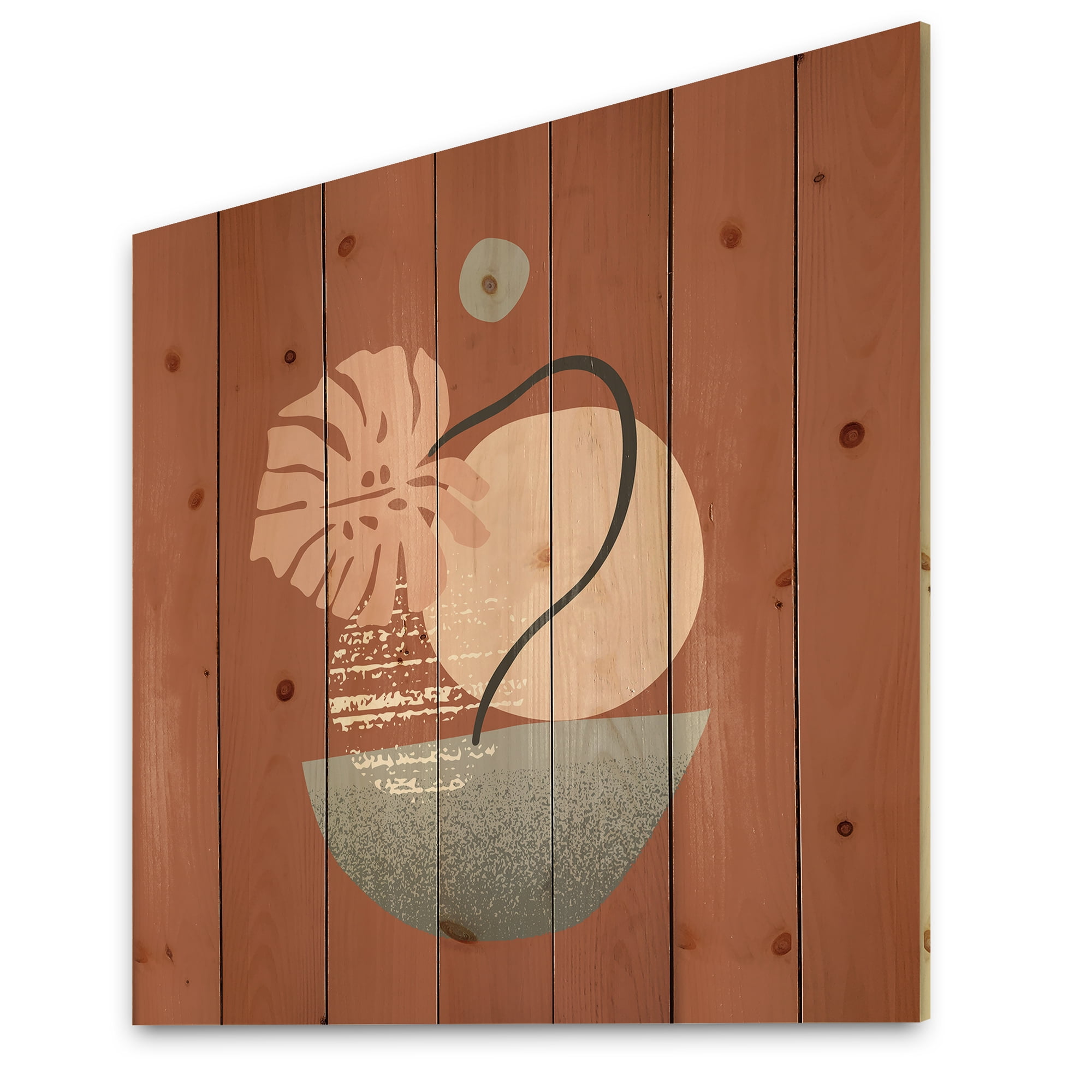 Designart 'Abstract Geometry Shapes and Tropical Palm Leaf IV' Modern Print on Natural Pine Wood
