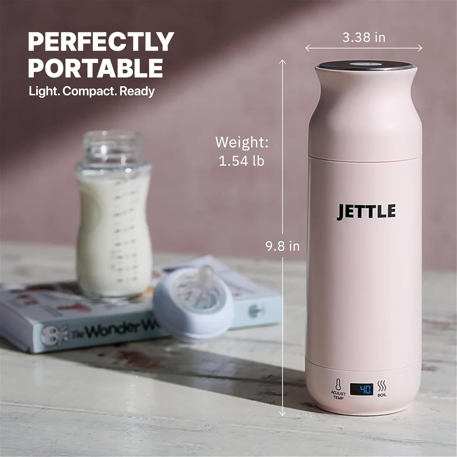 Jettle Travel Electric Kettle - 450ml Bottle-Style Top-Fill No-Spout Water Boiler for Tea & Coffee - Temperature Control, LED Display, Auto Shut-Off - Stainless Steel, 110V