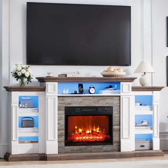 LGHM 72" Fireplace TV Stand for 75 inch 80 inch TV with Charging Station & LED Lights, Electric Fireplace with Mantel, Farmhouse Entertainment Center with 23" Electric Fireplace, White Brown