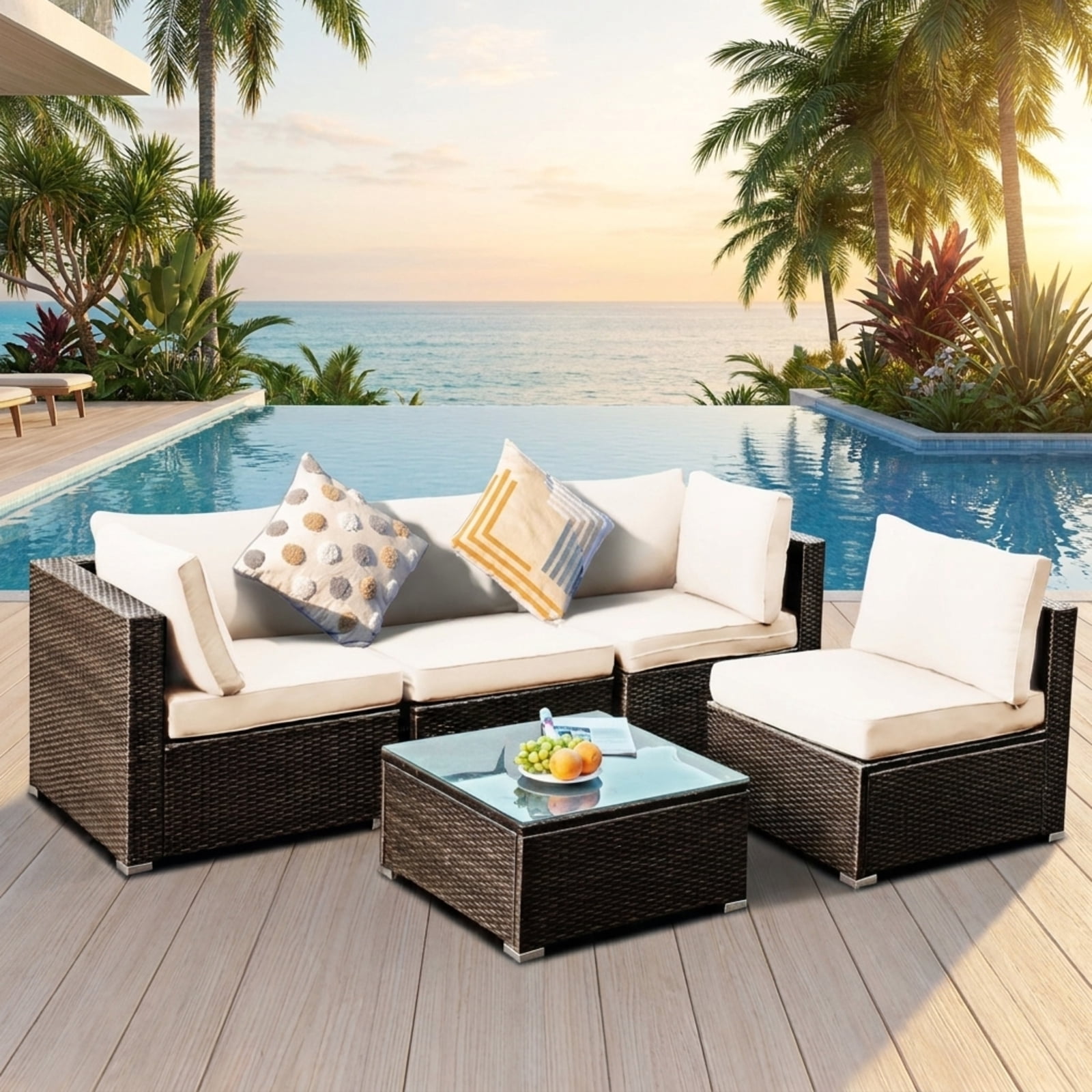 Biotree Patio Furniture Set 5 Pieces Cushioned Rattan Outdoor Sectional Conversation Set with Glass Coffee Table for Garden Backyard Porch, White