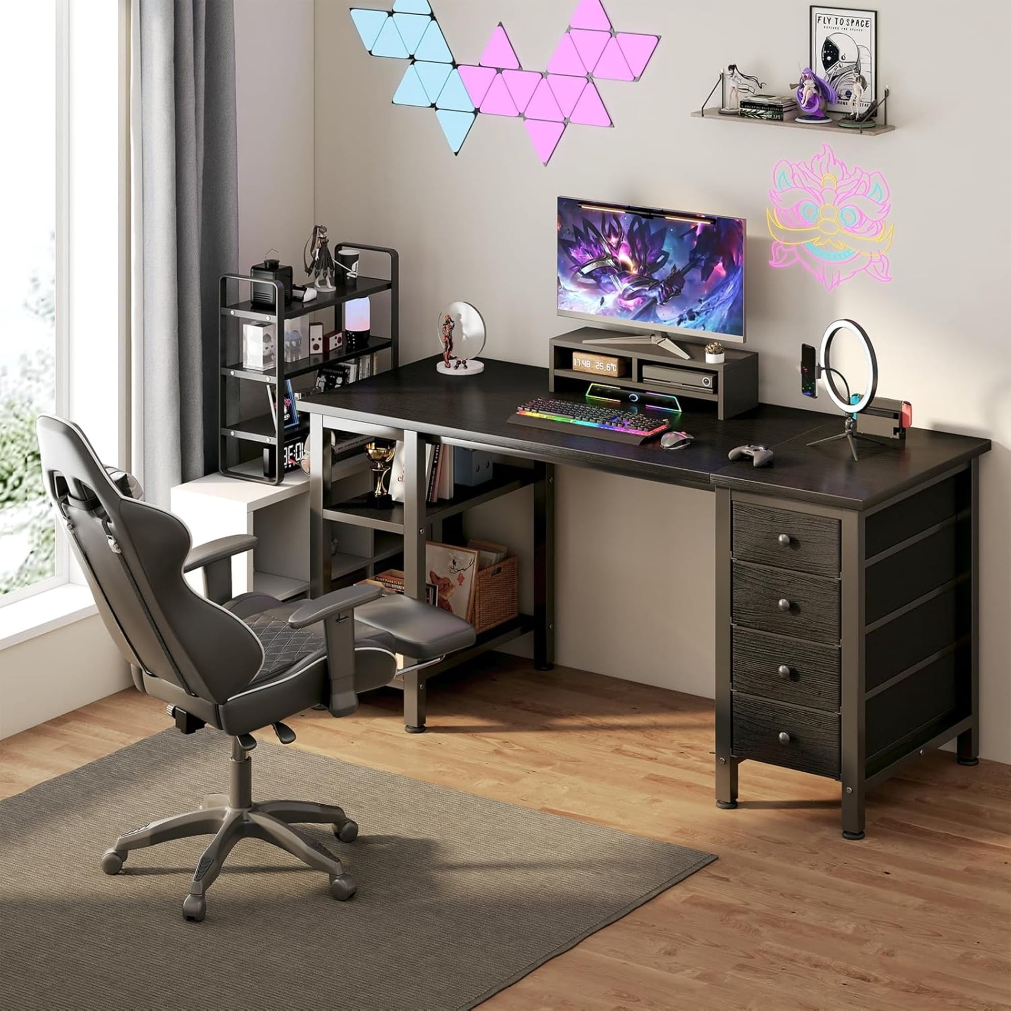 JEZWX Gaming Desk with 4 Fabric Drawers and Storage Shelves, 47 Inch Computer Writing Study Desk for Home Office Bedroom, Black