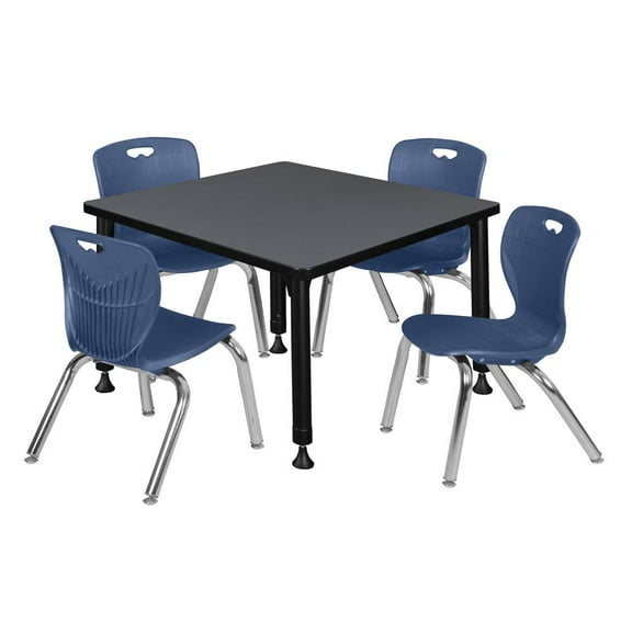 Regency Kee 30" Square Height Adjustable Classroom Table - Grey & 4 Andy 12-in Stack Chairs- Navy Blue