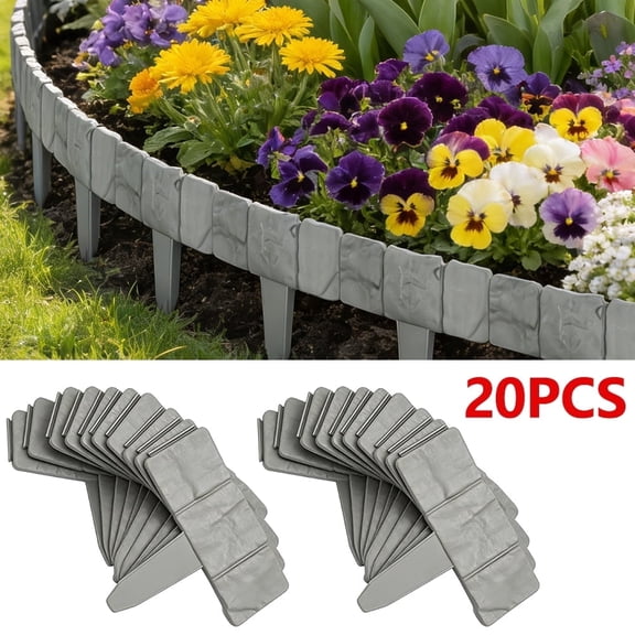 20Pcs Pack 2.5D Outdoor Garden Fence, Stone Look Plastic Landscape Edging, Lawn Garden Border, Ground Mounted Multi Functional for Outdoor Decor Lawn Partition Vegetable Garden Yard Patio Landscaping