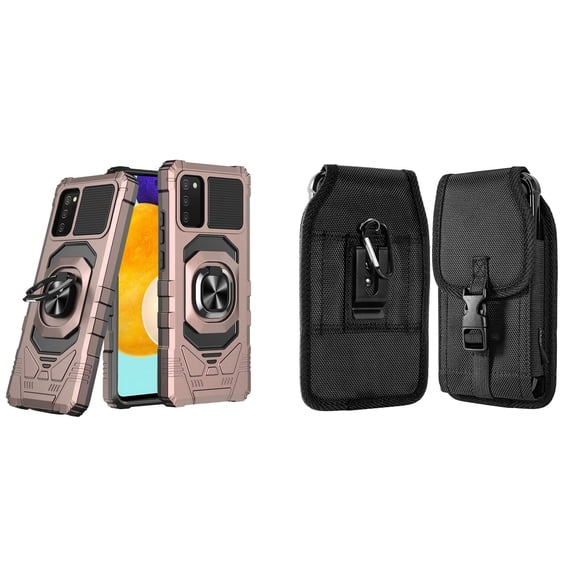Case with Belt Holster Bundle for Samsung Galaxy A03s: Heavy Duty Series Protection Cover (Rose Gold) and Vertical Nylon Buckle Phone Pouch