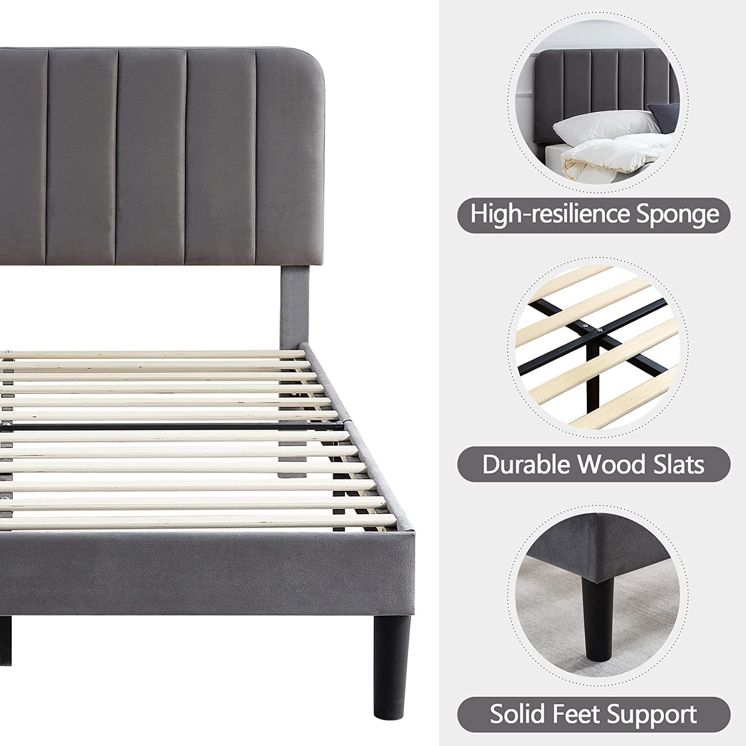 VECELO Full Size Upholstered Beds, Modern Platform Bed Frame with Adjustable Headboard, Wooden Slats Support/No Box Spring Needed, Dark Gray