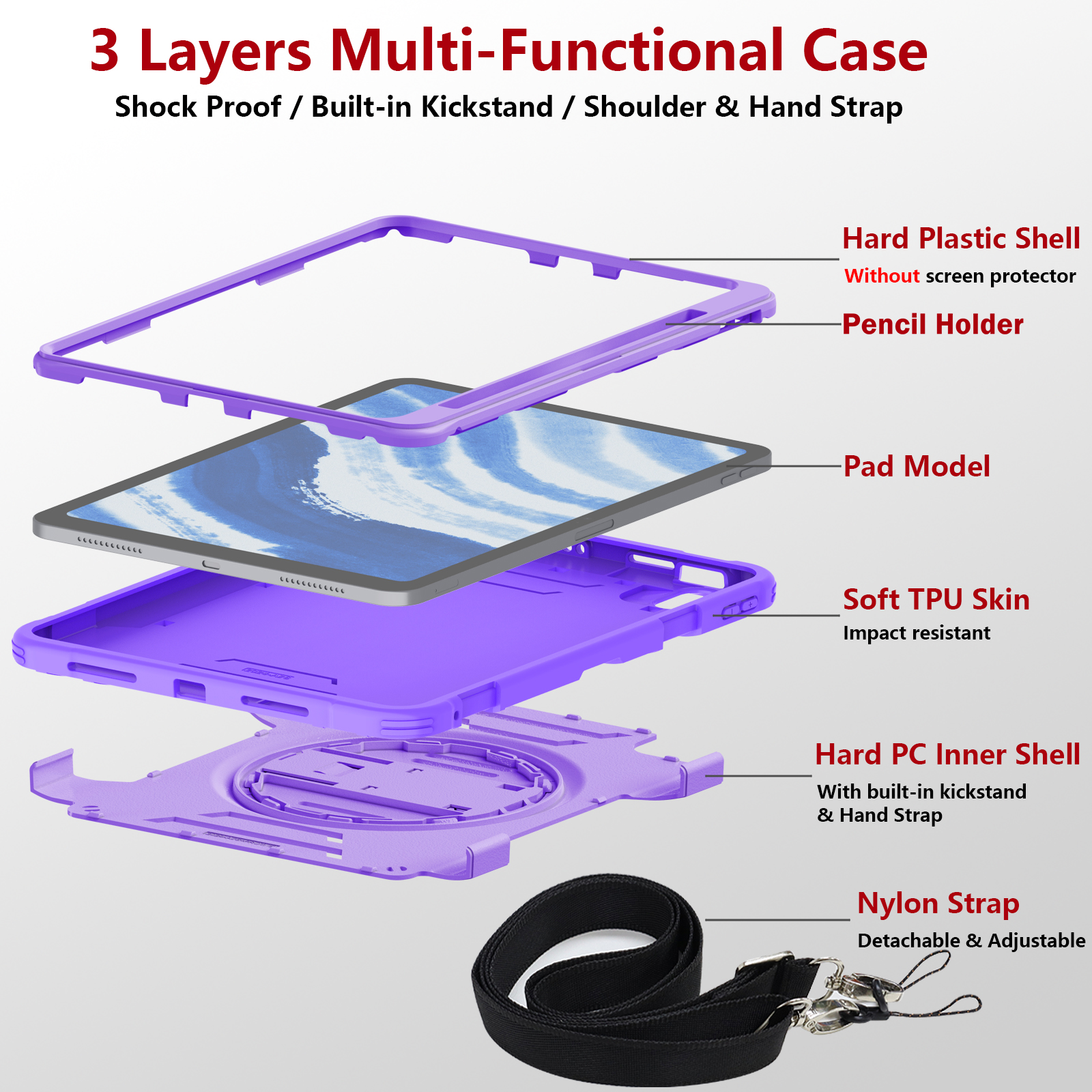 Case for Apple iPad Air 11 Inch 2026/2025/2024 M4 M3 M2, with Pencil Holder Military Grade Protection Rotating Stand Hand Strap Shoulder Strap Bumper Rugged Case for iPad Air 11",Purple