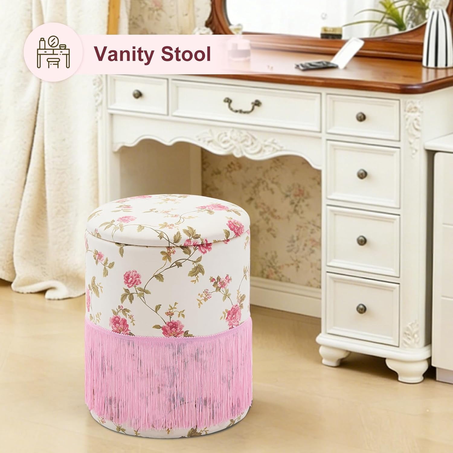 Casa Pura Furniture Round Velvet Ottoman with Fringe, Hidden Storage, White, 17.72 in H x 13.78 in D