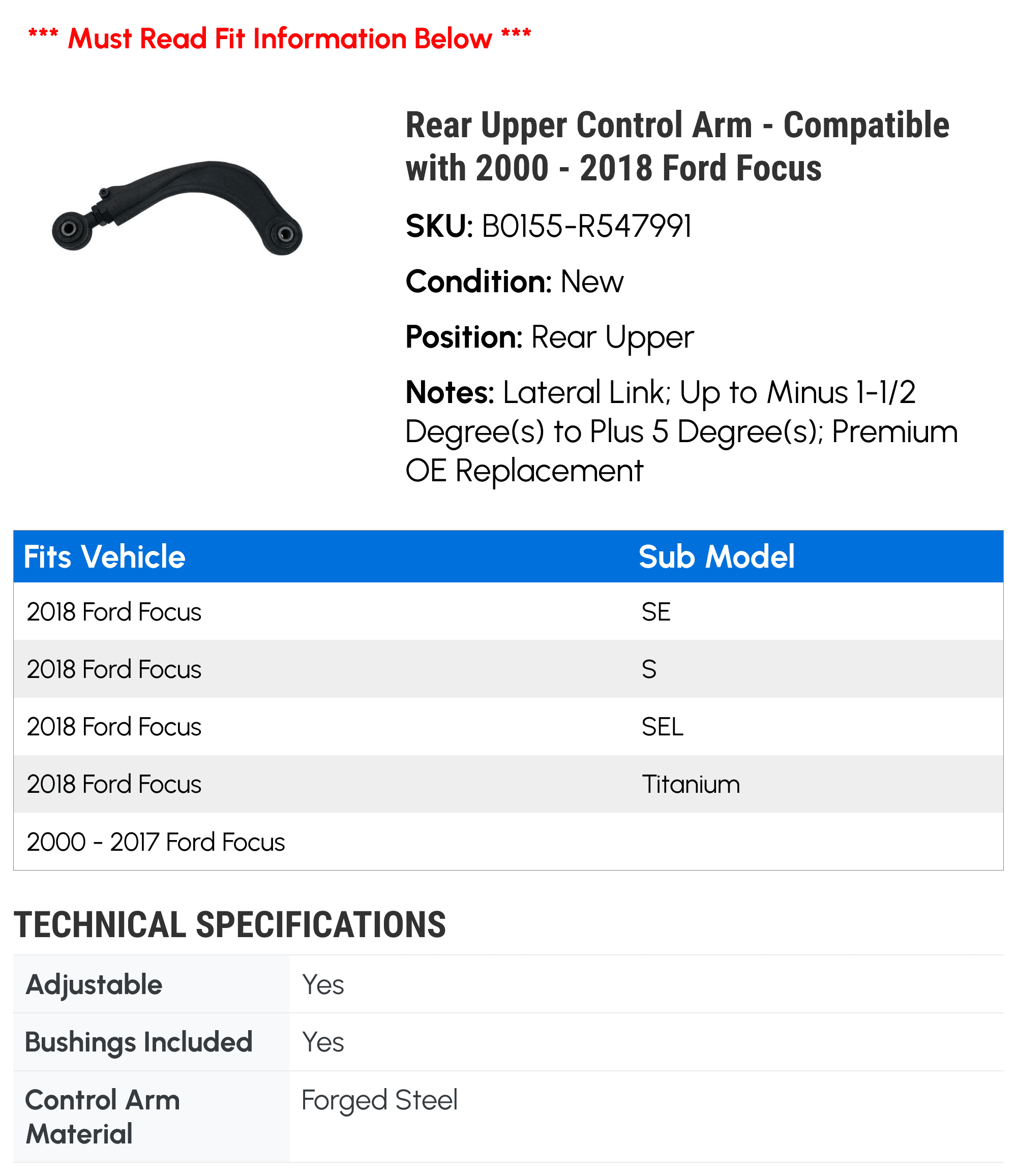 Rear Upper Control Arm - Compatible with 2000 - 2018 Ford Focus 2001 2002 2003 2004 2005 2006 2007 2008 2009 2010 2011 2012 2013 2014 2015 2016 2017