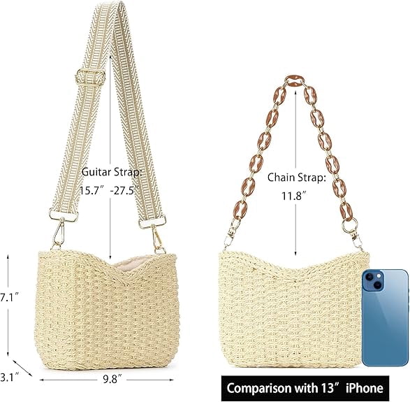 Small Handmade Straw Pocketbook Crossbody Bag for Women, Summer Chic Woven Handbag Shoulder Purse with Chain