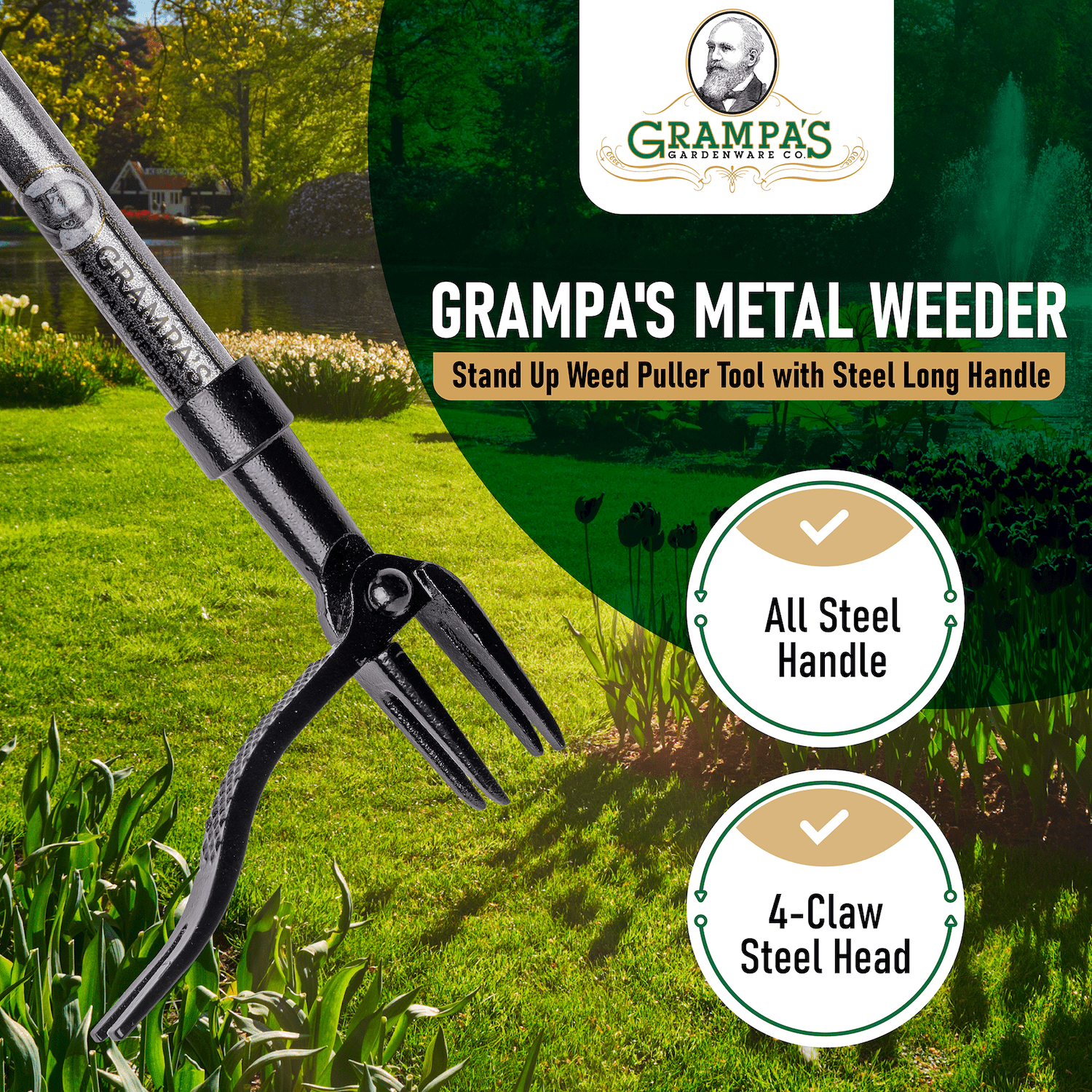 Grampa's Metal Weeder - Stand Up Weed Puller Tool With Steel Long Handle - Made With All Steel Handle & 4-Claw Steel Head - Easily Remove Weeds Without Bending, Pulling, or Kneeling (Black)