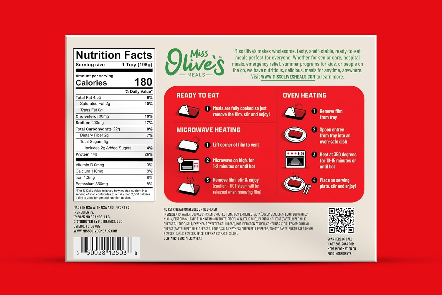 Miss Olive’s Chicken Pasta Parmesan Ready Meal – 6 Pack (6/9.3 oz Trays) | K-12 Microwaveable Entrée | Heat & Serve Chicken Pasta in Savory Tomato Parmesan Sauce for Quick Lunches & Busy Families
