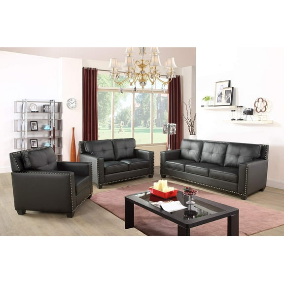 Golden Furniture 3 PCS Faux Leather Sofa Couch Set, Black Living Room Set with Sofa, Loveseat and Chair