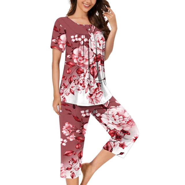 Pisexur Ensembles de Pyjama pour Femmes Mode Chemises de Nuit à Imprimé Floral pour Femmes Ensemble de Sommeil 2 Pcs Été Décontracté Col Rond Blouses Plissées Boutonnées Hauts et Pantalons Longueur sous le Genou avec Poches