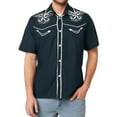 thumbnail image 4 of Mens Shirts Western Denim 3D Printed Lapel Button Short Sleeve Floral Mens Work Clothing,Navy,2XL, 4 of 4