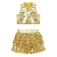 thumbnail image 3 of Alvivi Kids Girls Jazz Modern Hip Hop Dance Outfits Sleeveless Crop Tops with Skirted Shorts Set Gold 8, 3 of 5