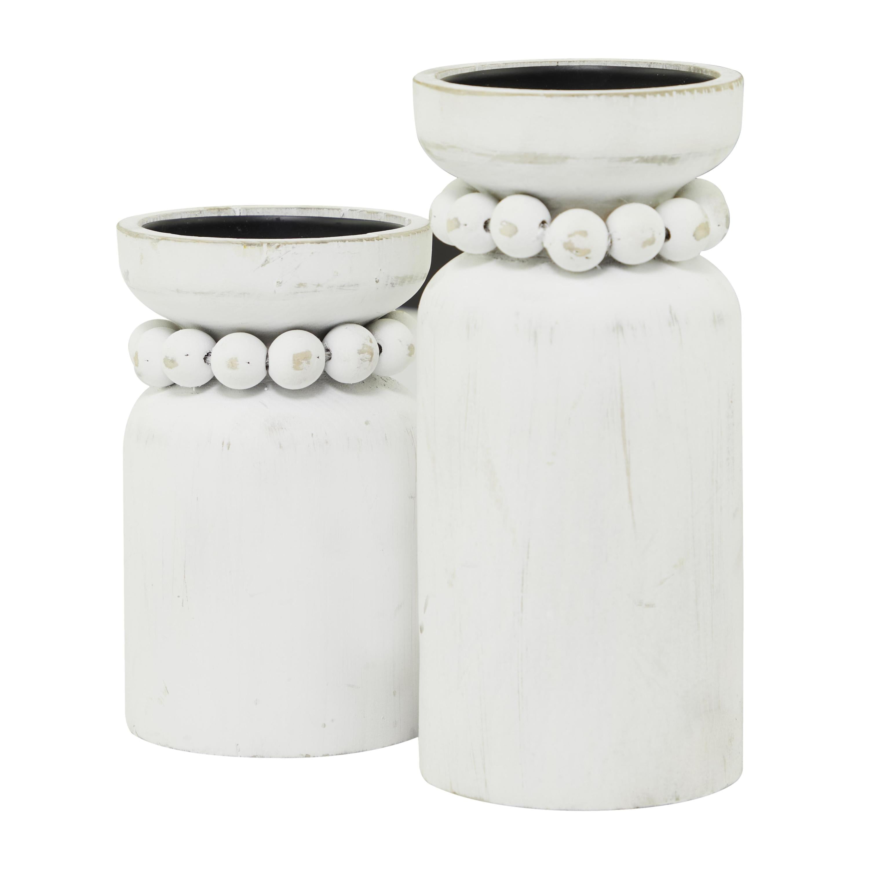 DecMode 2 Candle White Wood Beaded Pillar Candle Holder, Set of 2