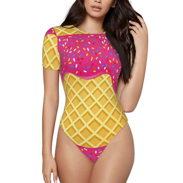 Fotbe Red Ice Cream Body de Mujer con Cuello Redondo y Mangas Cortas, Sin Mangas Ajustado, Suave, Cómodo y Básico-X-Large