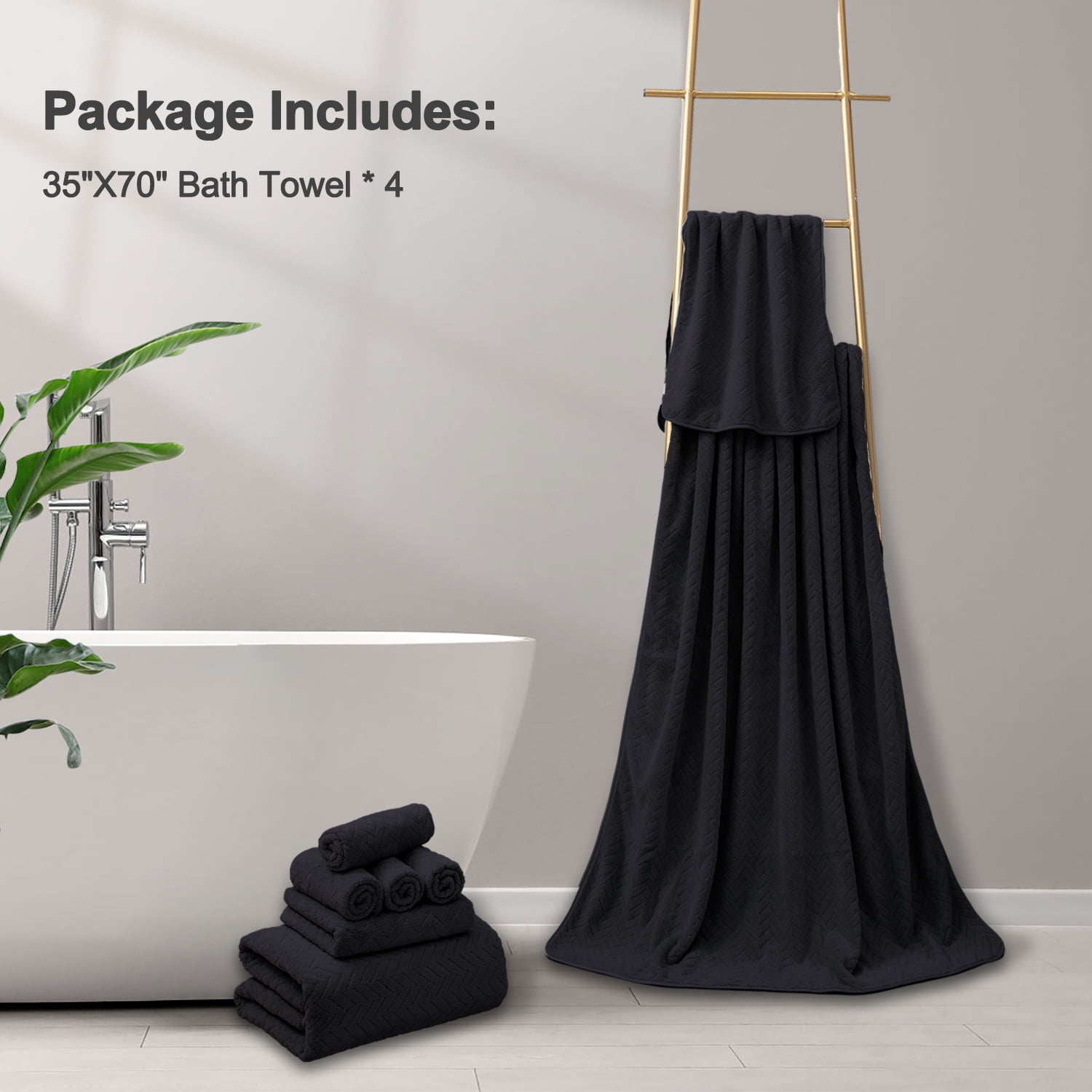 Covina Home 4-Pack Black Bath Towel Set, Oversized Ultra Soft Microfiber Bathroom Towel Set Adult Luxury Lightweight Cozy Collection