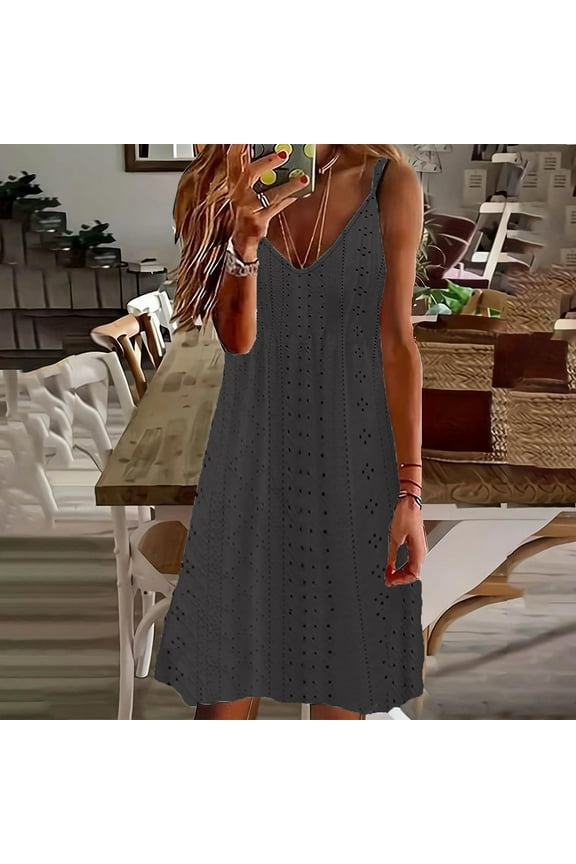 Womens Plus Size Spaghetti Strap Beach Dresses Summer Spring Sleeveless V Neck Flowy Swing Eyelet Embroidery Short Mini Sundresses Going Out White Vestidos Casuales Para Mujer