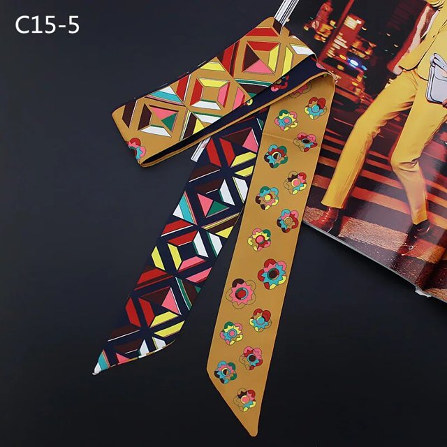 2023 Spring border New Geometric Diamond Small Flowers Women's Decorative Small Silk Scarf Bundle Bag Handle Ribbon Small Scarf