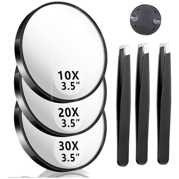 Black Magnifying Mirror with Tweezers, Portable 3.5" Two Suction Cups Mirror with Magnification Set for Women Men (30X/20X/10X)