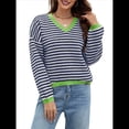 thumbnail image 2 of Suéter de Rayas de Larga para Mujer, Cuello en V, Bloque de Color, Punto Suave, Jersey de Moda Azul y S, 2 of 8