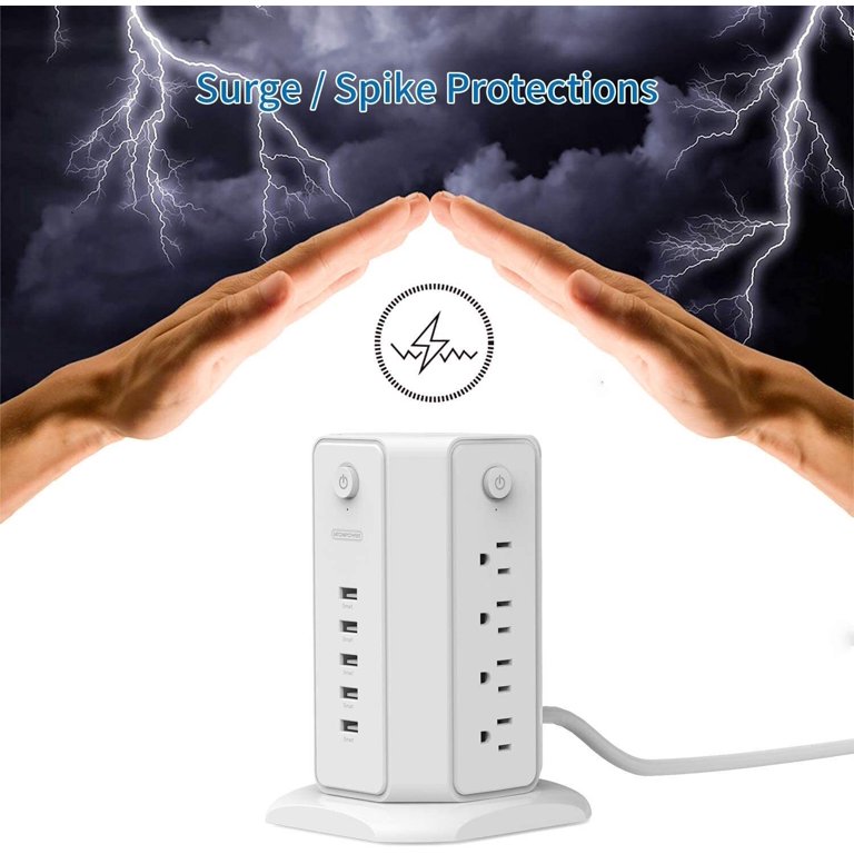 NTONPOWER Tower Power Strip - 8 Outlets + 5 USB Ports, 10ft Cord, Surge Protector 1080J
