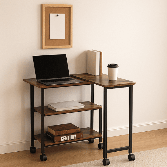 Homy Casa Mobile End Table with Shelves, Rolling Home Office Desk for Sofa Side or Bedroom, Brown