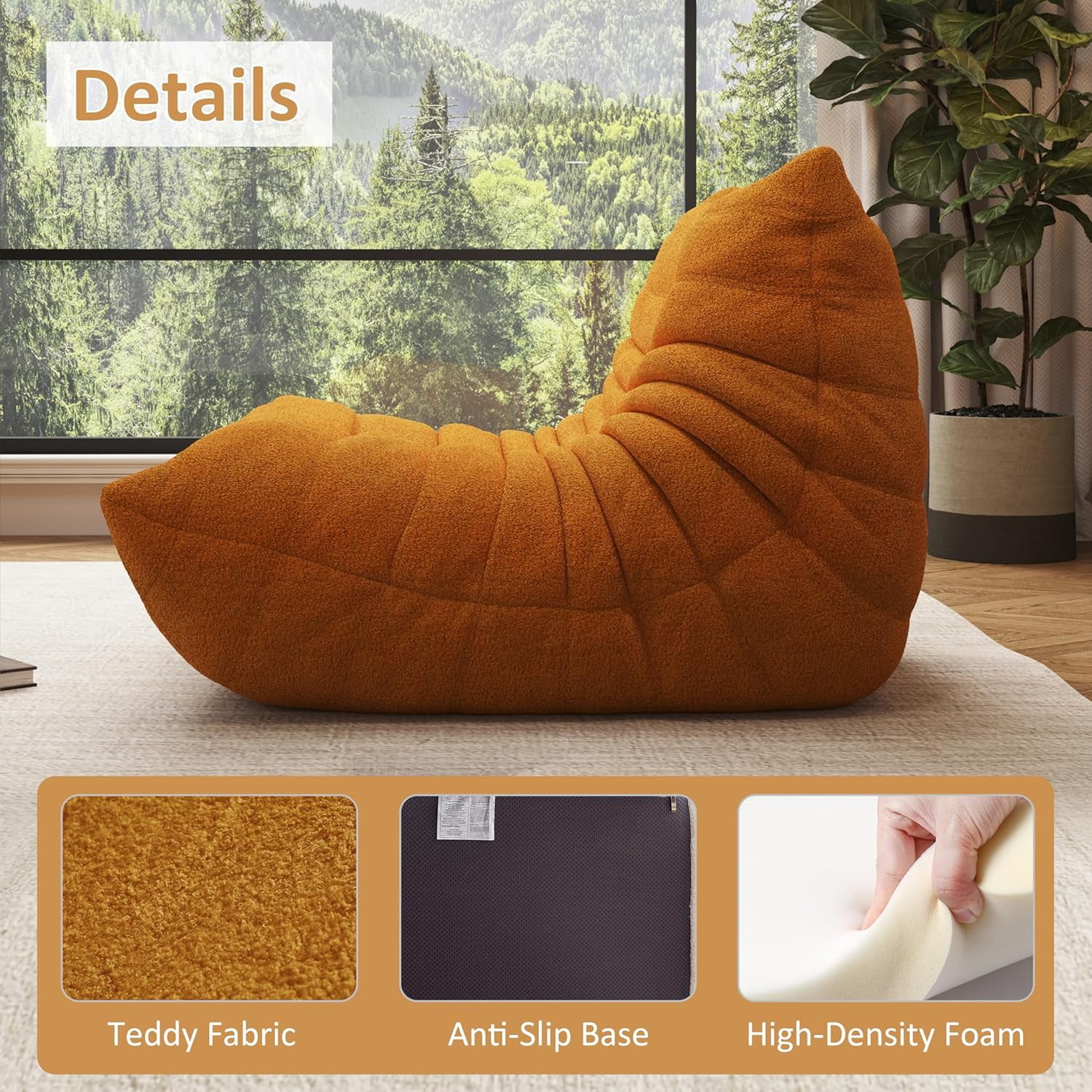 Single Yellow Bean Bag Chair for Adults with Memory Foam Filler, Faux Fur Floor Gaming Sofa for Home or Apartment