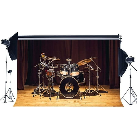 Image of ABPHOTO Polyester 7x5ft Band Concert Backdrop Music Drum Set Interior Backdrops Stage Lights Carpet Retro Wood Floor Photography Background for Draduation Ceremony School Show Photo Studio Props